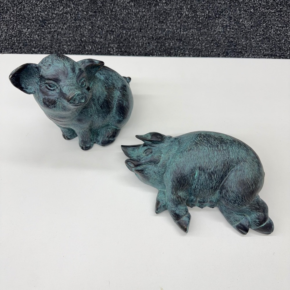 Vintage Style Verdigris Faux Bronze Pig Figurines Set of 2 Farmhouse Decor Teal